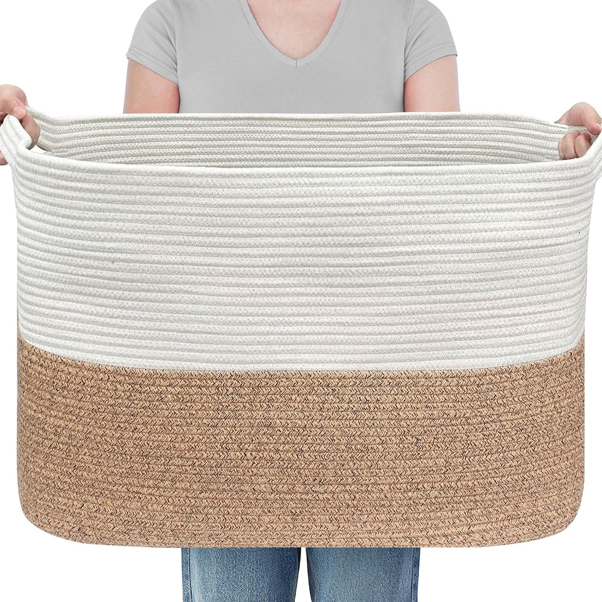 MEGASKET 108L Super Large Blanket Basket, 25" x 16" x 16" Woven Jumbo Basket for Blankets, Toys, Laundry, Extra Large Cotton Rope Pillow Holder Organizer, Entryway Shoes Bin, Living Room Storage