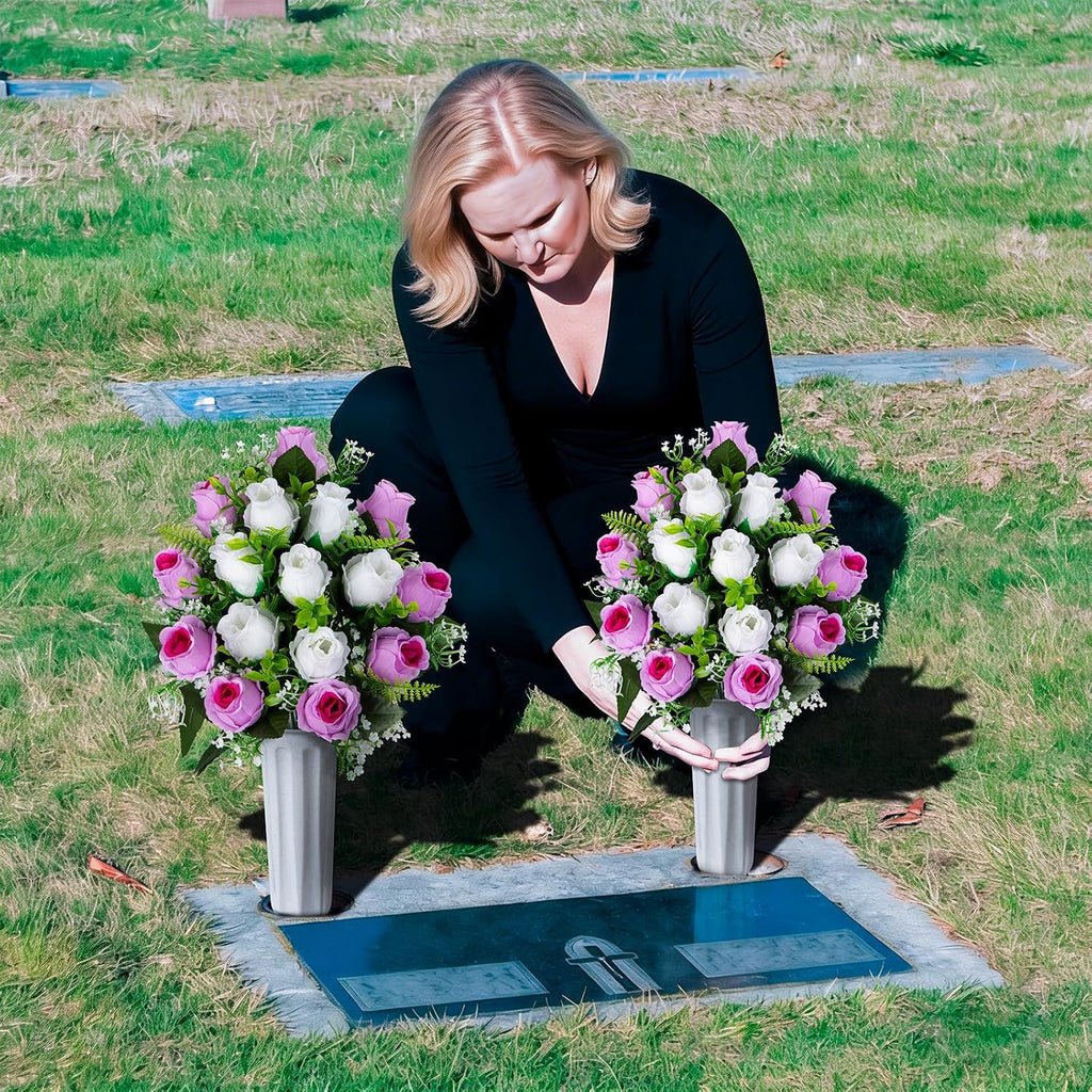 Set of 2 Artificial Cemetery Flowers with Vase, Artificial Grave Flowers Outdoor Memorial Rose Bouquets for Cemetery Headstone Graveyard Decor (Pink White)