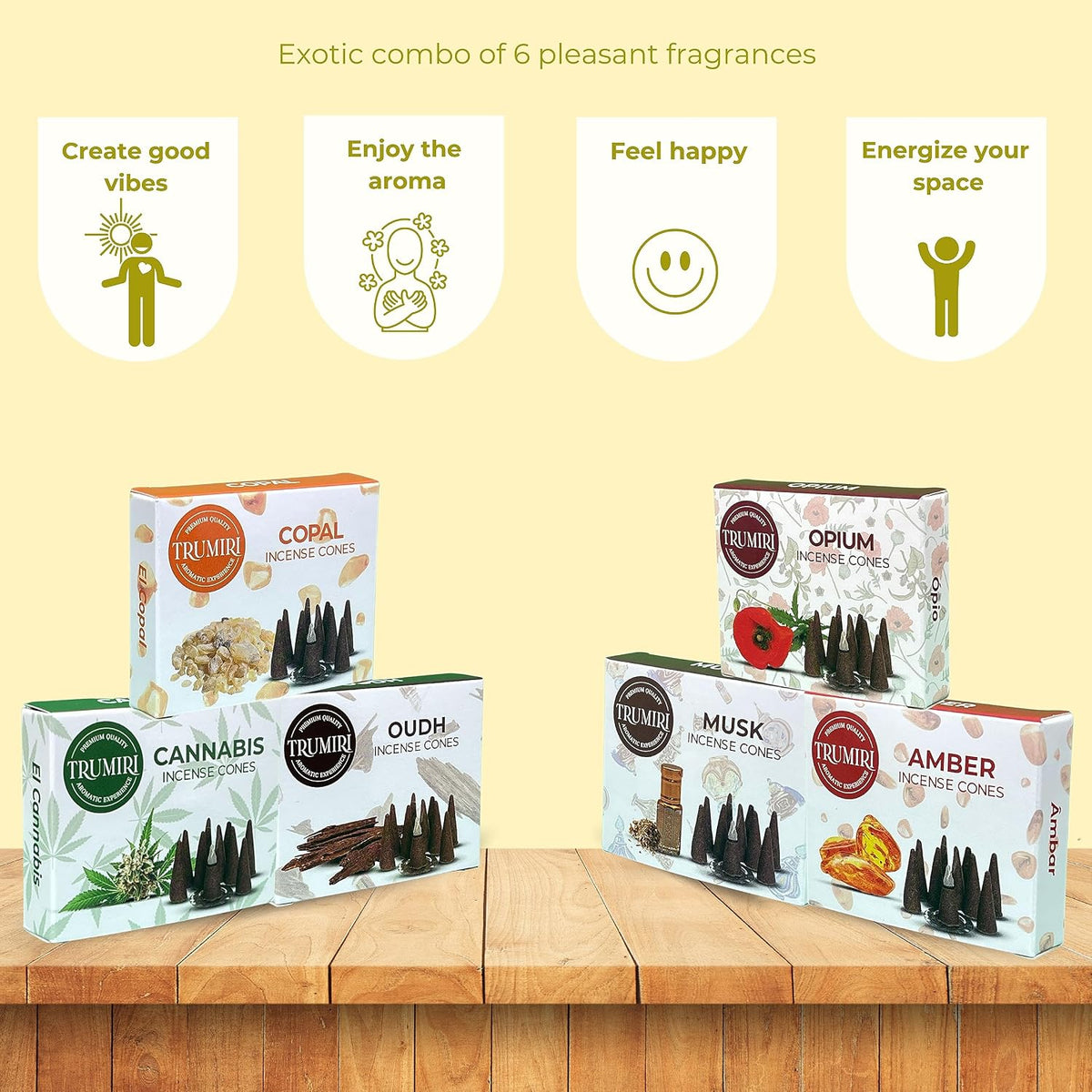 TRUMIRI Exotic Incense Cones - Variety Pack - Total 60 Cone Incense (6 Scents x 10 Conos) - Copal, Oud, Musk, Amber - Cone Incense Scents - Insense Cones - Incent Cone