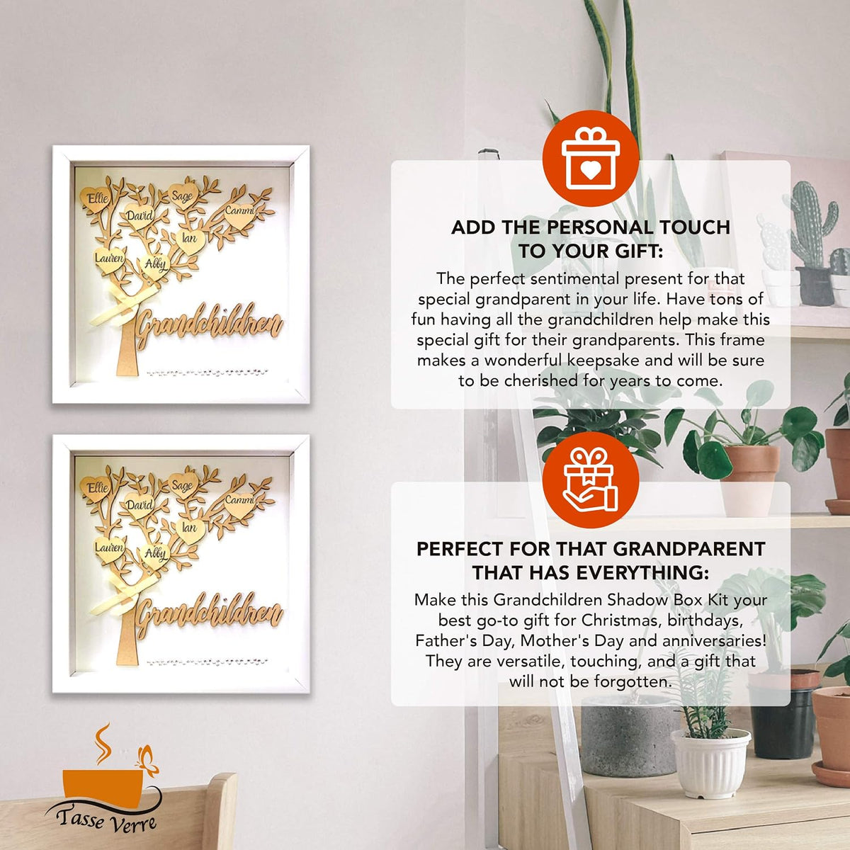 Tasse Verre 12x12 Grandchildren Shadow Box Kit - Family Tree Gift for Grandparents Grandma Grandpa with 7 Hearts and 40 Gems. Gift for Grandparents Grandchild Grandkid Nana Mimi Mothers Day