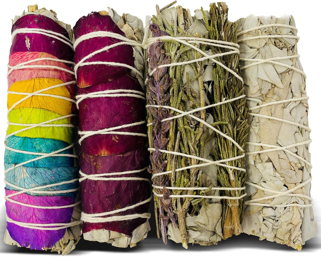 Sage Smudge Kit Variety Pack of 4 – California White Sage, Rose, Rosemary Lavender & 7 Chakra Smudge Sticks, Handcrafted Dried Sage Bundles for Meditation, Home Cleansing & House Blessing