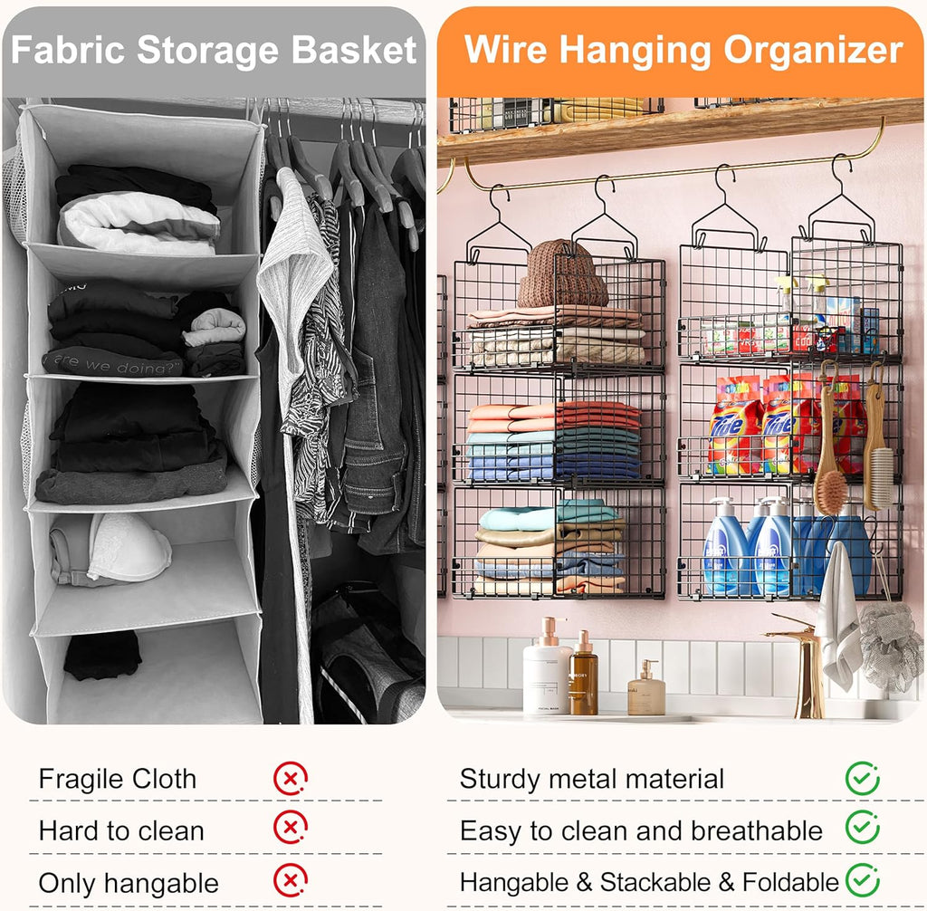Sonyabecca 3-Tier Closet Organizers and Storage, Foldable Stackable Wire Basket Bins with 5 S Hooks, Space-Saving Hanging Closet Shelf for Clothing, Sweaters, Handbags, Hats,Purse