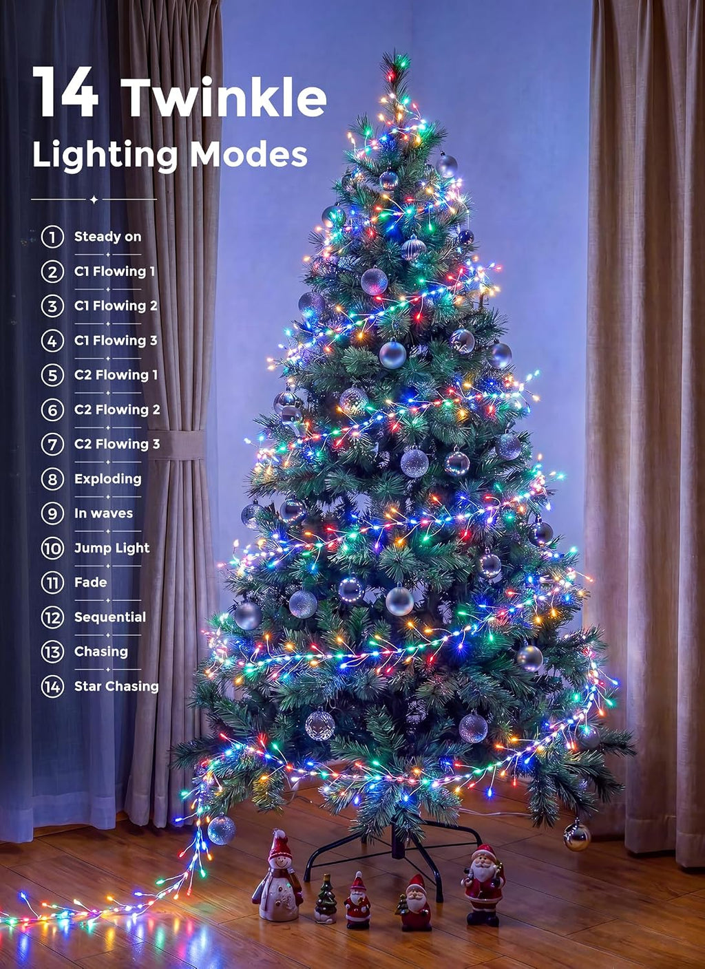 Flowing Fairy Lights Plug in with 14 Modes, 10FT 388LED Twinkle String Lights Indoor, Christmas Tree Lights Indoor Waterproof for Bedroom Christmas Home Room Decor, Multicolor