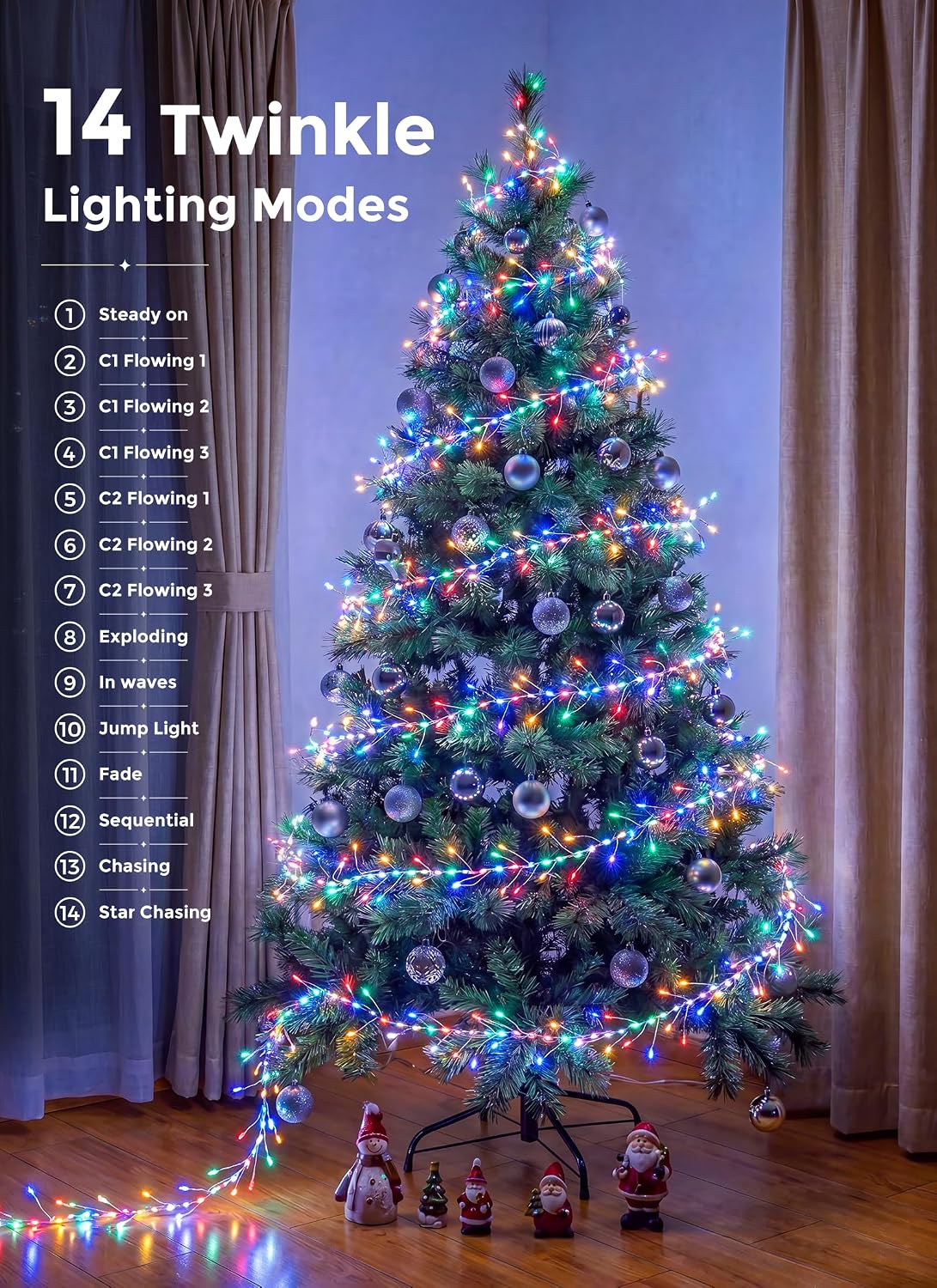 Flowing Fairy Lights Plug in with 14 Modes, 10FT 388LED Twinkle String Lights Indoor, Christmas Tree Lights Indoor Waterproof for Bedroom Christmas Home Room Decor, Multicolor