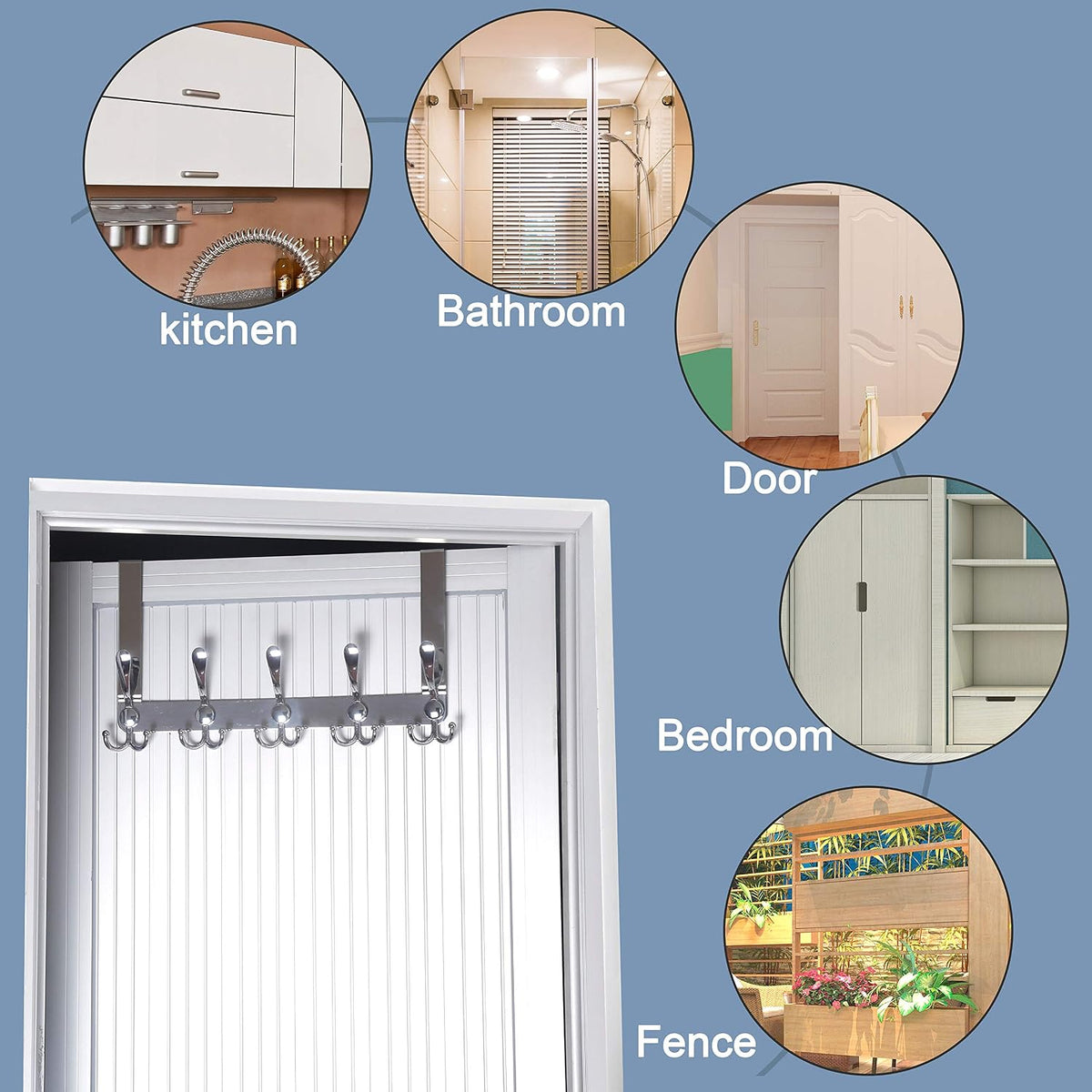 SKOLOO Over The Door Hook - for Doors up to 1-3/4'' Thickness, Metal Door Hanger with 5 Triple Hooks, Over The Door Hanger for Coats, Hats,Towels, Silver, Assembly Required
