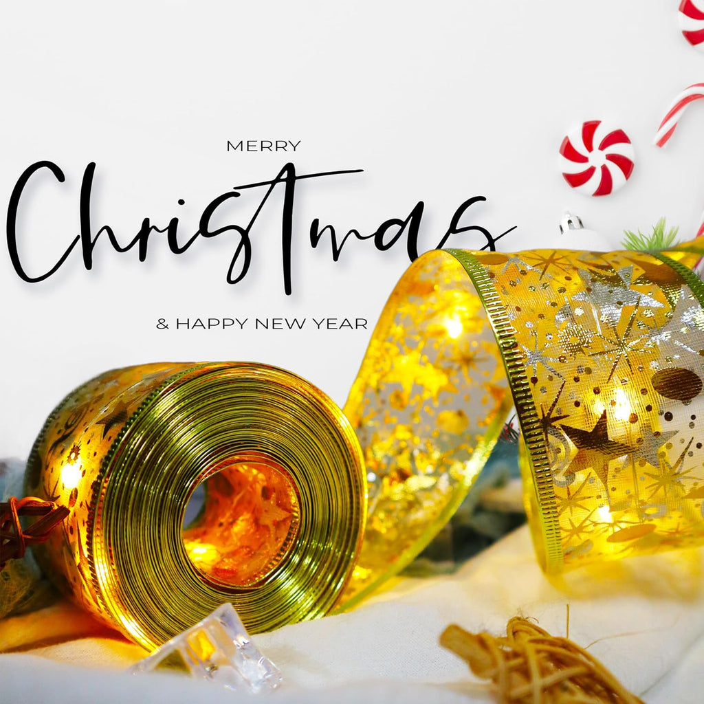 Christmas Ribbon Fairy Lights 33Ft 100 LED String Lights Battery Operated 2In Gold Foil Ribbon with Warm White Twinkle Firefly Lights Indoor Starry Holiday Decoration for Christmas Tree