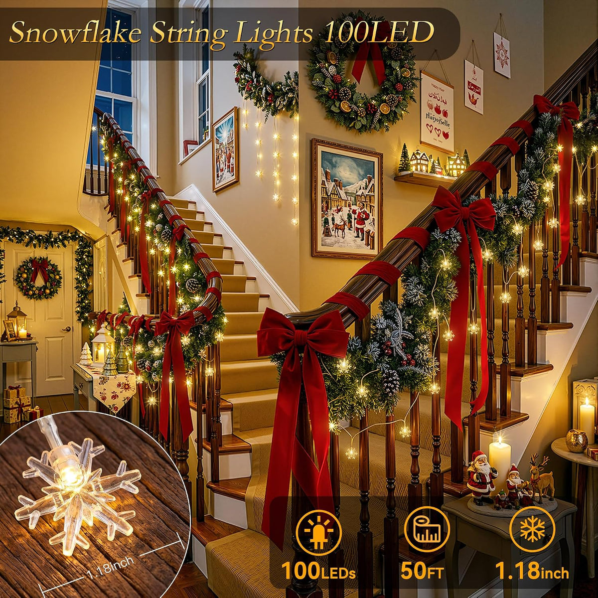 Christmas Snowflake String Lights USB 50FT 100 LED Warm White & Multicolor