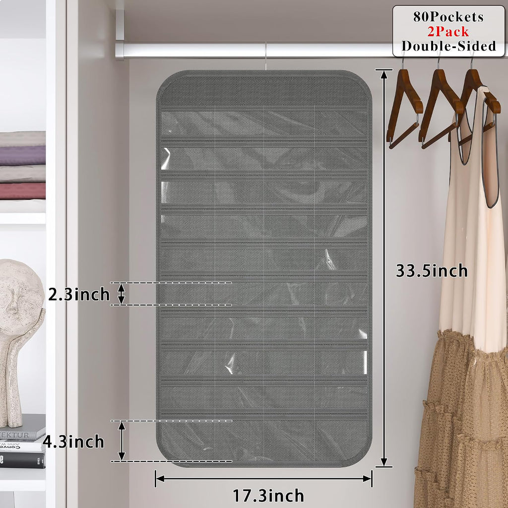 Hanging Jewelry Organizer 80-Pocket Double-Sided Storage, 2-Pack, Gray