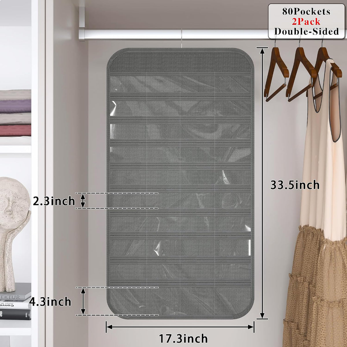 Hanging Jewelry Organizer 80-Pocket Double-Sided Storage, 2-Pack, Gray