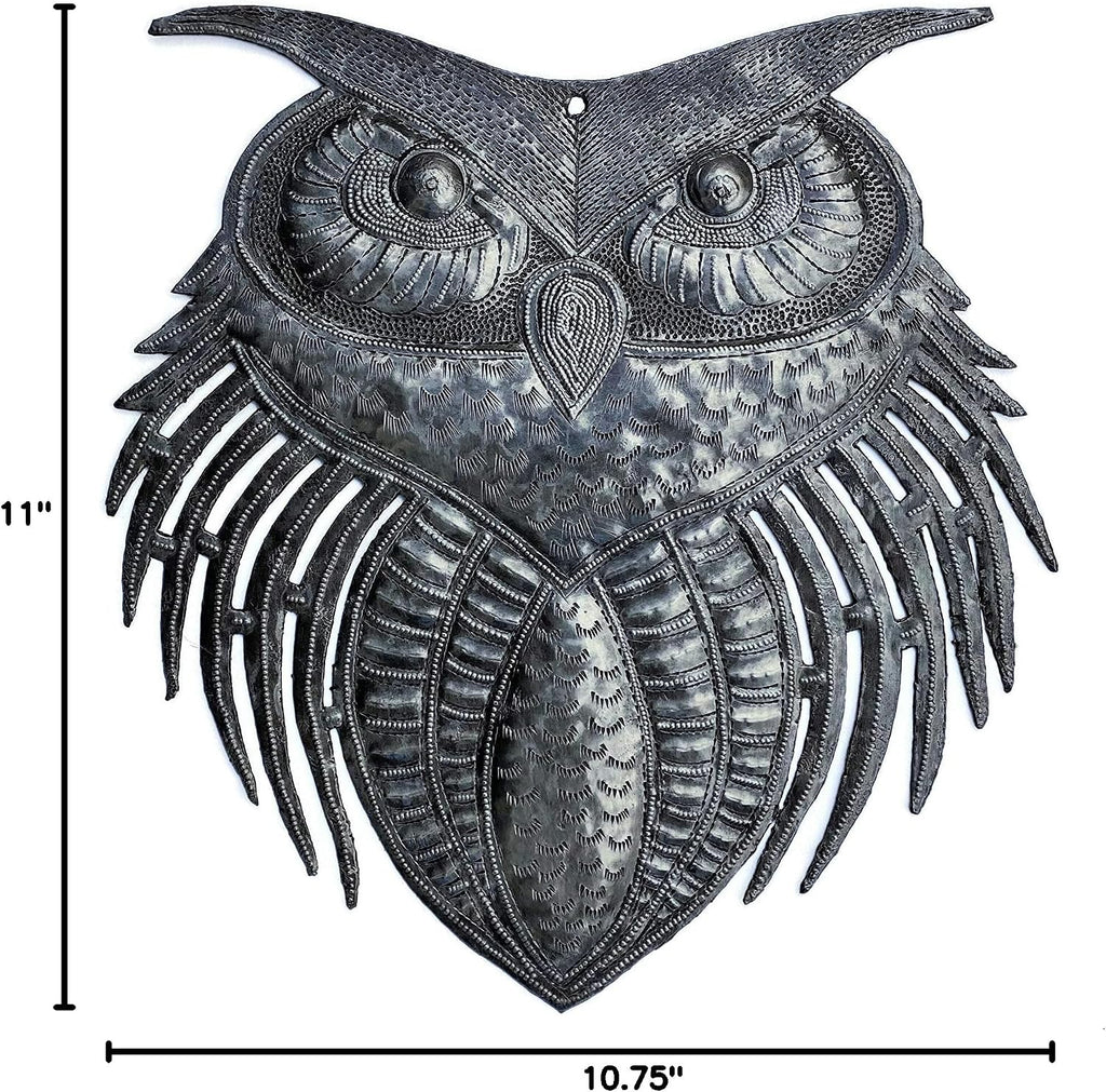 It's Cactus New Owl Metal Wall Art, Handmade in Haiti, Indoor Outdoor Garden Decorations, Upcycled Wall Hanging Artwork, Haitian Décor, 11 x 10.75 Inches