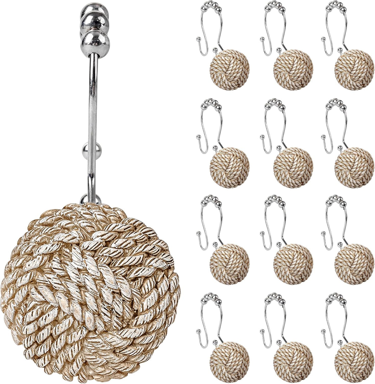 Sunlit Boho Knots Double Shower Curtain Hooks, Home Decorative Shower Curtain Rings for Bathroom, Seaside Nautical Shower Curtain Hangers Bathroom Accessories, Set of 12