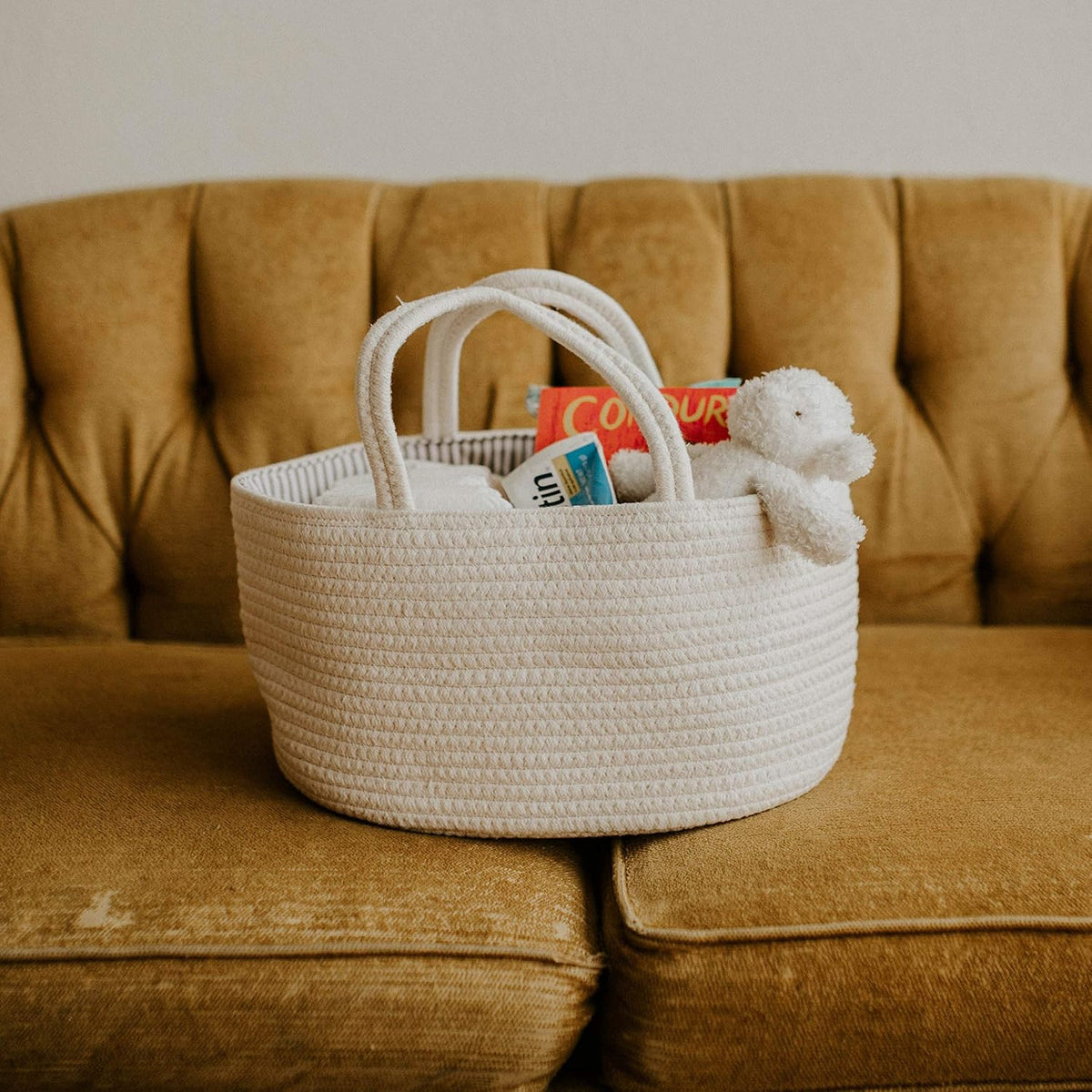 Parker Baby Co. Soft Rope Diaper Caddy Organizer for Nursery & Car - White