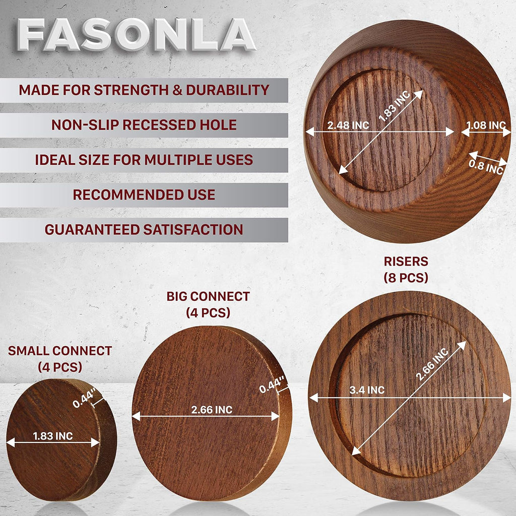 FASONLA Bed Risers, Furniture Risers (Set of 8-Height 1") Can be Adjusted to 2'' 3''or 4'', Lifts Furniture Risers, Solid Natural Wood Risers, Non-Slip Recessed Hole (Walnut Color)