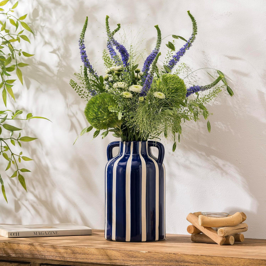 SURE YUESI Blue Ceramic Vase with Handles, Modern Farmhouse Striped Decorative Vase, 9.1" Art Deco Tall Flower Vases for Pampas Grass, Shelf Decor, Dining Table Centerpiece, Living Room Home Decor