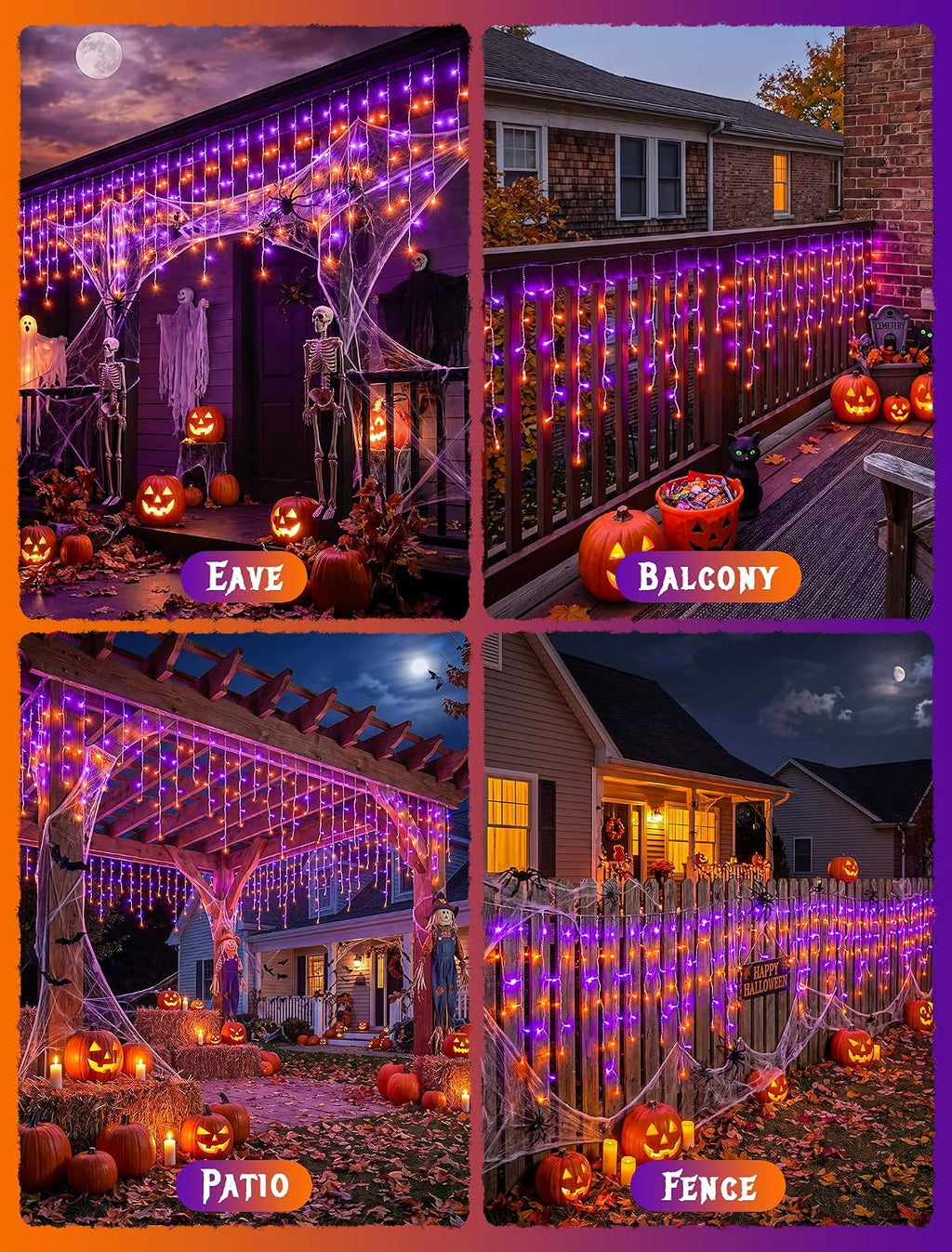 Halloween Icicle Lights Outdoor,300 LED Purple and Orange Lights