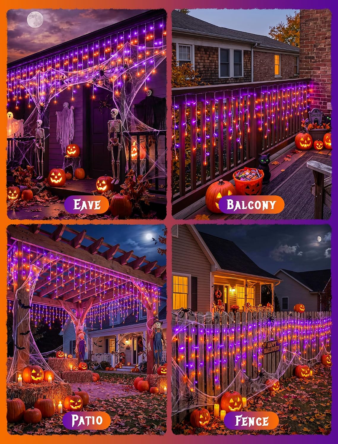 Halloween Icicle Lights Outdoor,300 LED Purple and Orange Lights