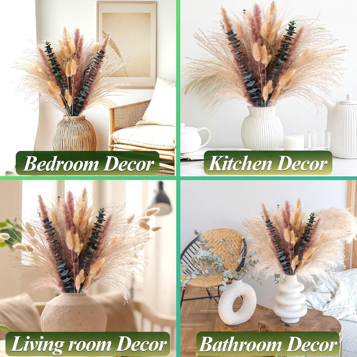 60Pcs Dried Pampas Grass & Eucalyptus Decor, Boho Bouquet for Home