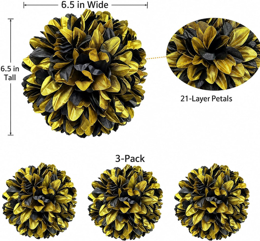 3Pcs Black and Gold Homecoming Mum Flowers, 6.5 Inch Artificial Mum Flowers