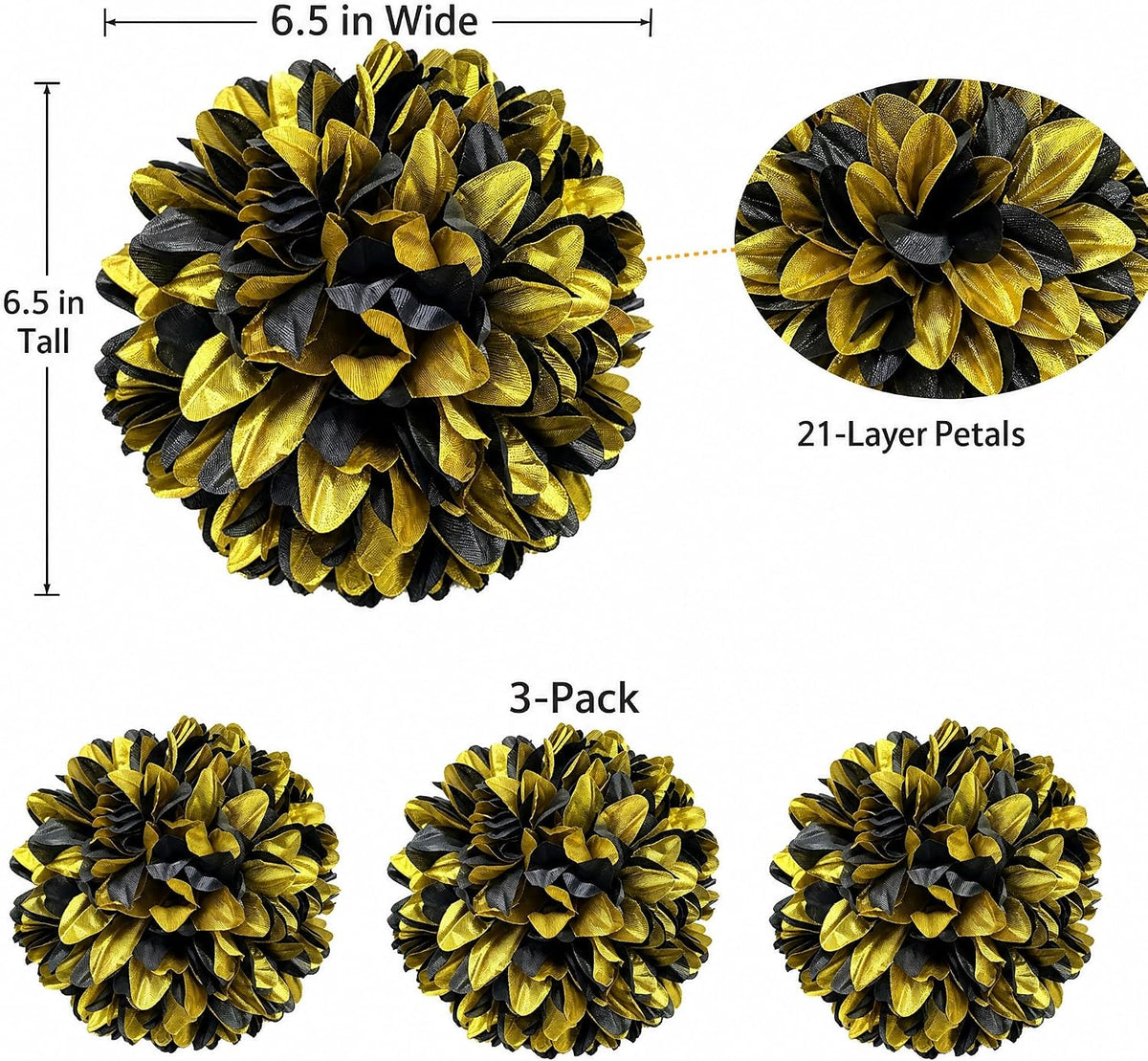 3Pcs Black and Gold Homecoming Mum Flowers, 6.5 Inch Artificial Mum Flowers