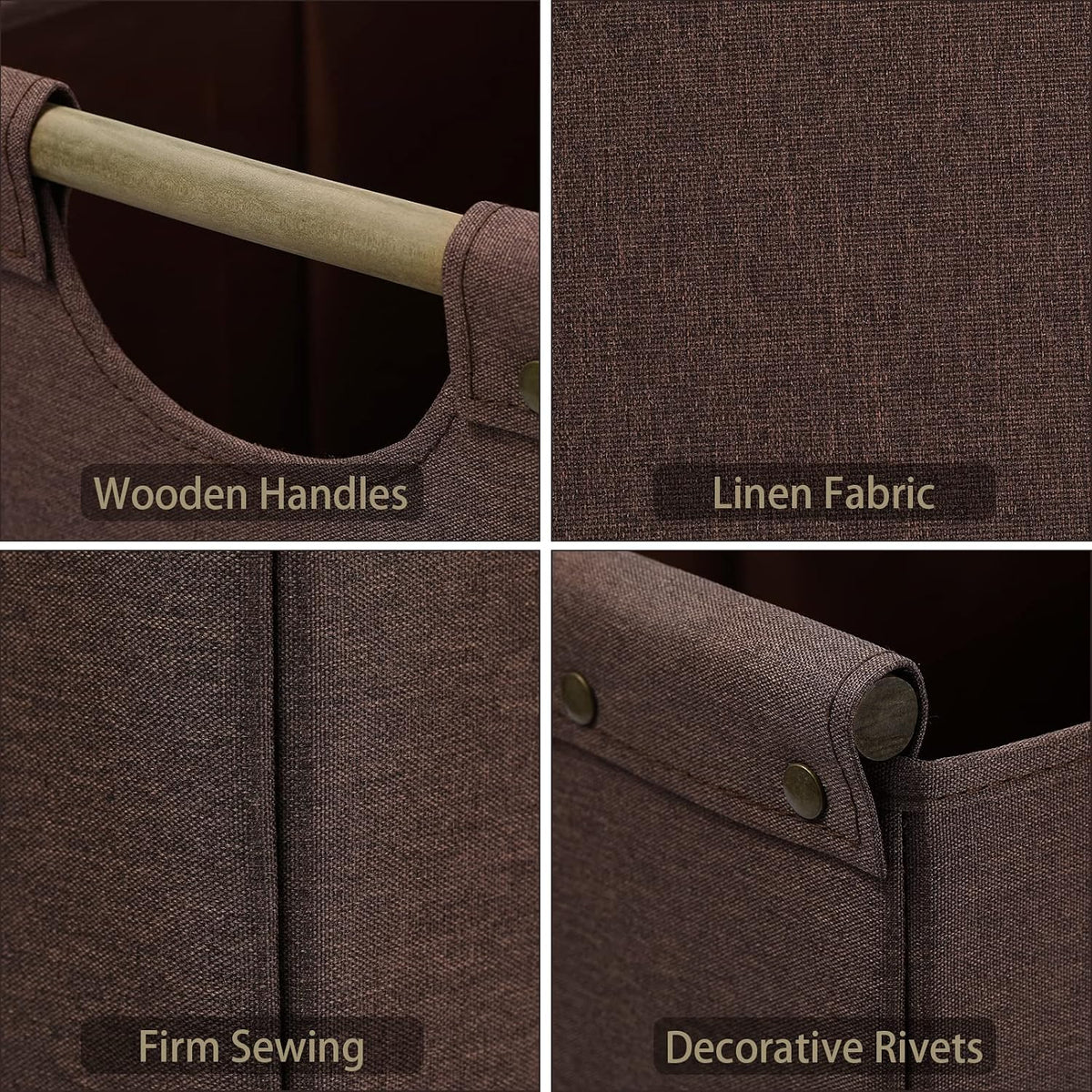 HOONEX Collapsible Storage Bins, 12x12x12in Storage Cubes Linen Fabric, Pack of 3, Storage Baskets with Wooden Carry Handles and Sturdy Heavy Cardboard, for Home, Office, Car, Nursery, Brown