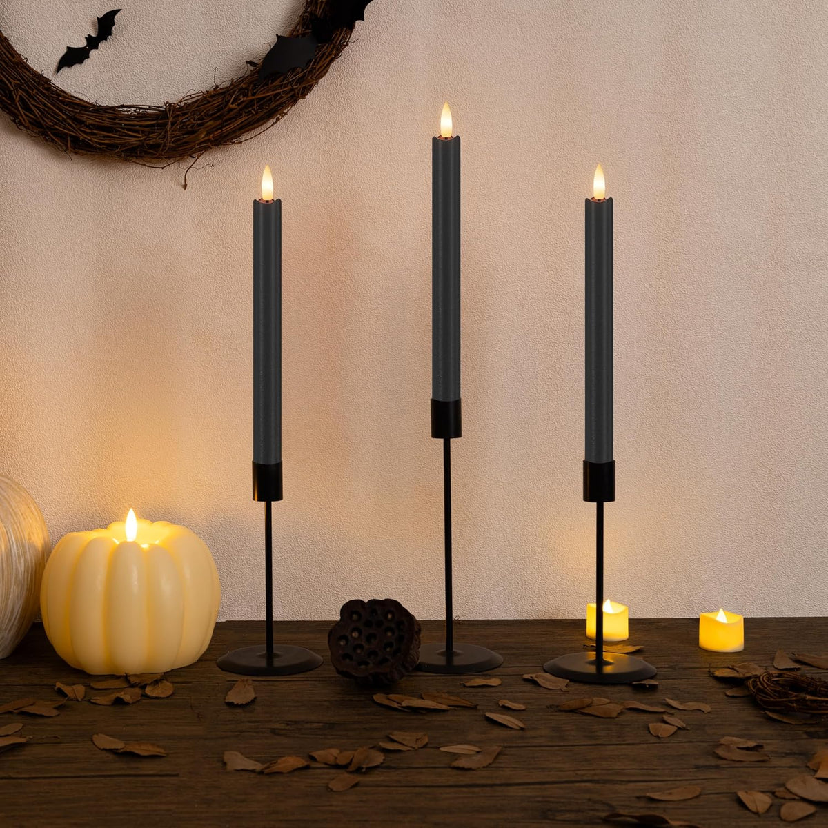 JOIONE Halloween Black Flameless Taper Candles with Remote Set of 3