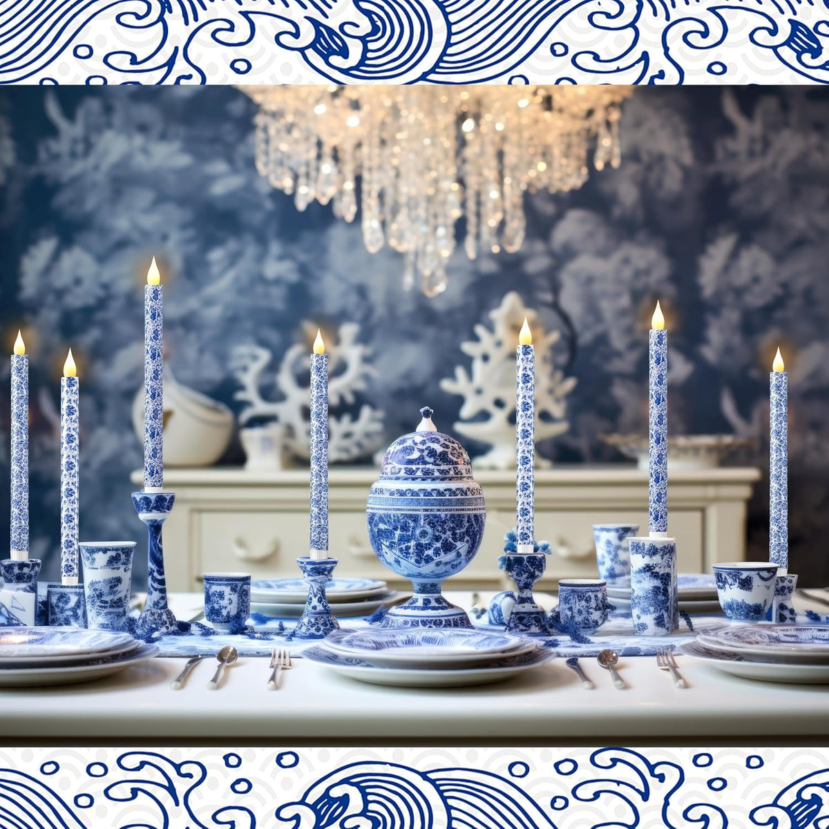 6 Pcs Blue and White Chinoiserie Flameless Candles – 10.6 Inch Porcelain Style Taper Candlesticks, Battery Operated LED Blue Candles for Wedding, Home & Table Centerpiece Decor