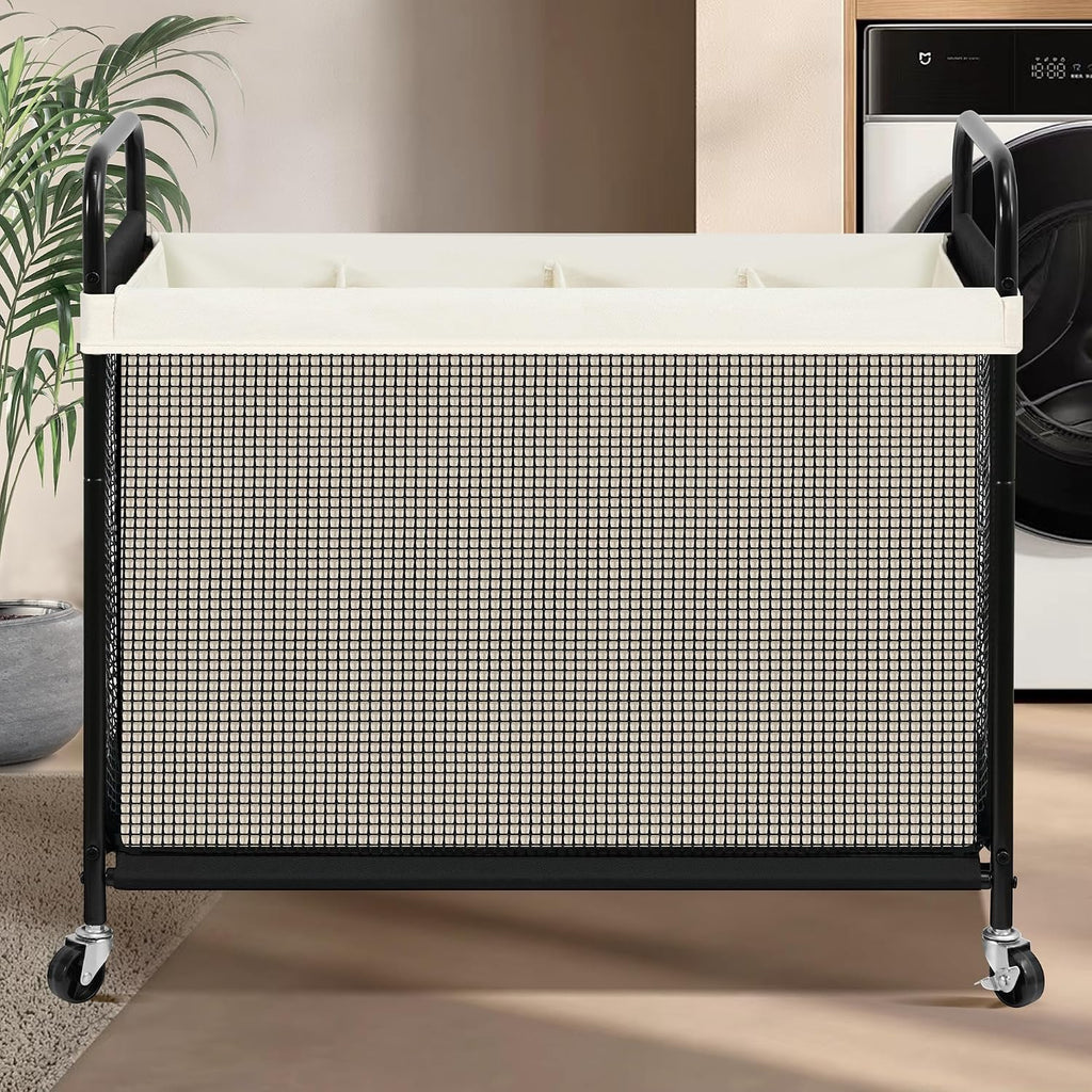 STO STO Laundry Hamper 4 Section, 140L Rolling Laundry Sorter Cart with Removable and Washable Liner Bag, Clothes Hamper with Wheels and Metal Handle for Laundry Room and Bedroom, Beige