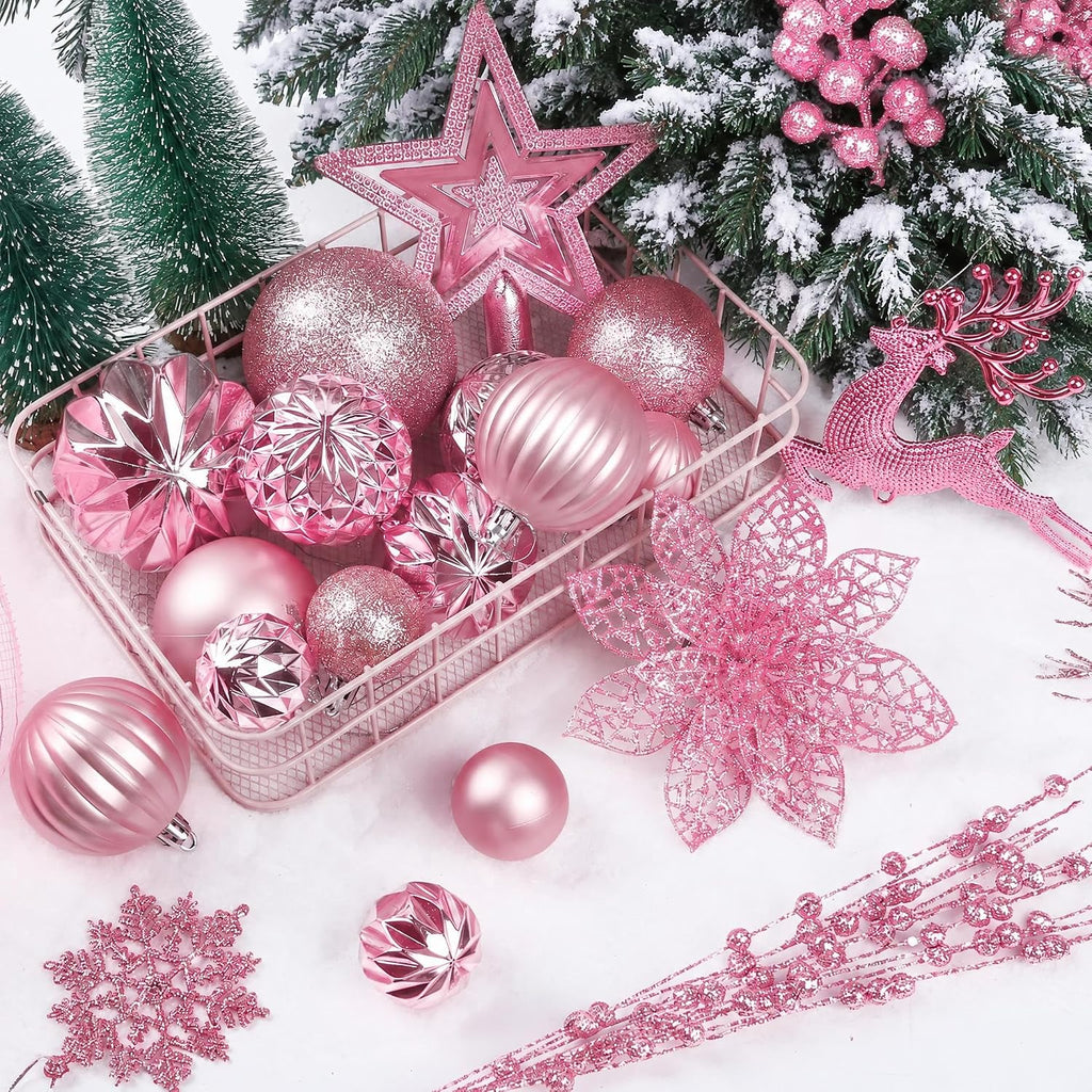Ouddy Decor 105 Pcs Pink Christmas Tree Ball Ornaments Decorations Set
