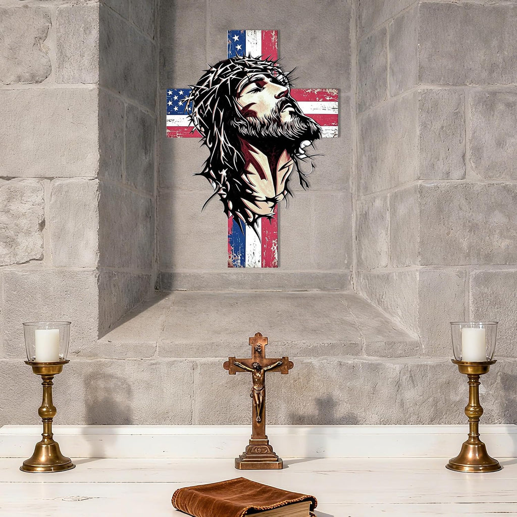 Slickss Jesus Colorful Patriotic Metal Wall Art, Cross Christian Home Decor