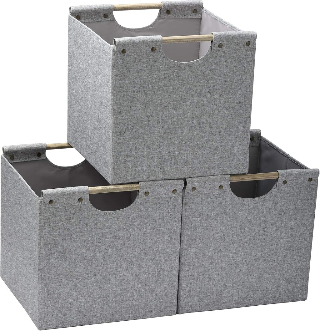 HOONEX Collapsible Storage Bins, 12x12x12in Storage Cubes Linen Fabric, 3 Pack, Storage Baskets with Wooden Carry Handles and Sturdy Heavy Cardboard, for Home, Office, Car, Nursery, Light Grey