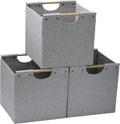HOONEX Collapsible Storage Bins, 12x12x12in Storage Cubes Linen Fabric, 3 Pack, Storage Baskets with Wooden Carry Handles and Sturdy Heavy Cardboard, for Home, Office, Car, Nursery, Light Grey