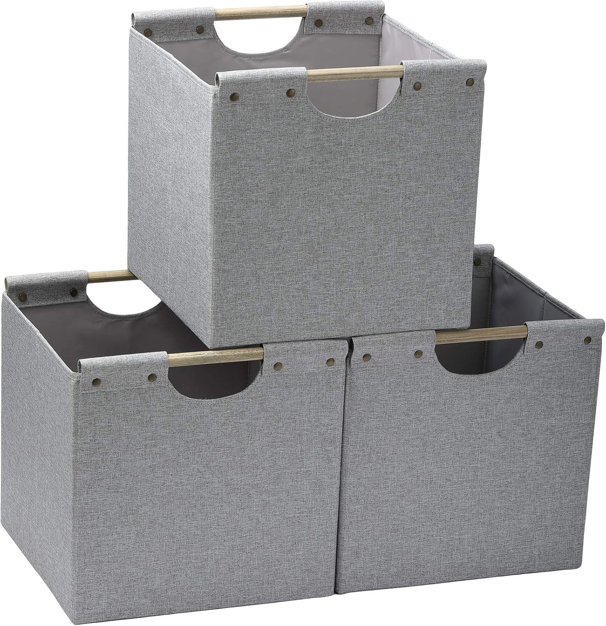 HOONEX Collapsible Storage Bins, 12x12x12in Storage Cubes Linen Fabric, 3 Pack, Storage Baskets with Wooden Carry Handles and Sturdy Heavy Cardboard, for Home, Office, Car, Nursery, Light Grey