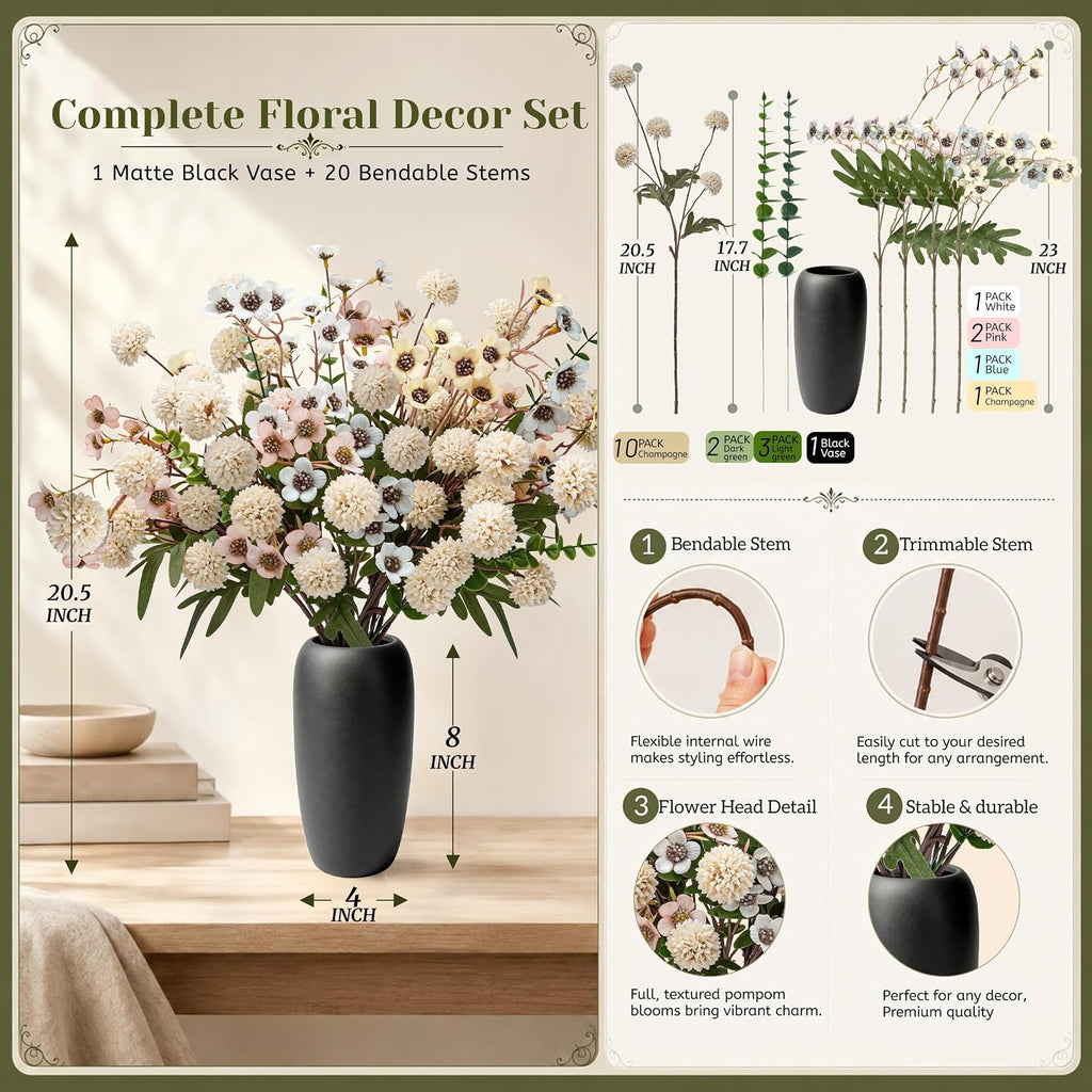 Der Rose Fake Flowers in Vase 20Pcs Champagne Mums for Spring Home Decor
