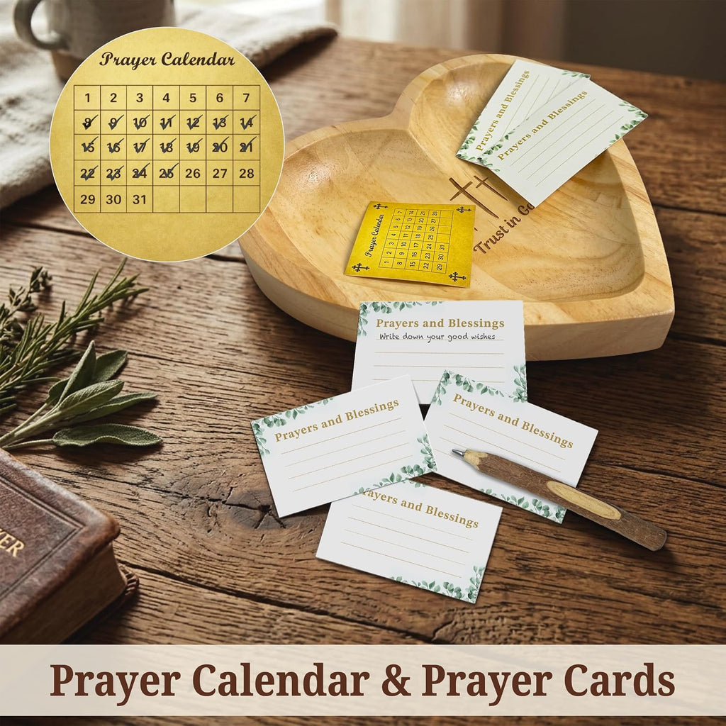 Prayer Bowls for Women Trust In God - Wooden Heart Prayer Bowl with 30 Cards & Wooden Fidget Cross - Birthday Gifts for Christian Women, Godmothers, Mom, Natural Heart Decorative Bowl with Storage Bag