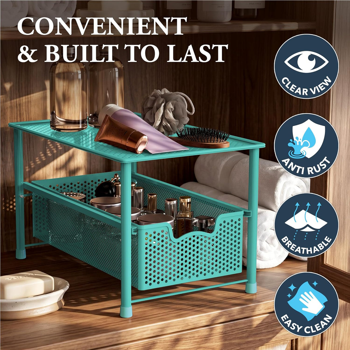 Simple Houseware Stackable Under Sink Sliding Basket Drawer, Turquoise