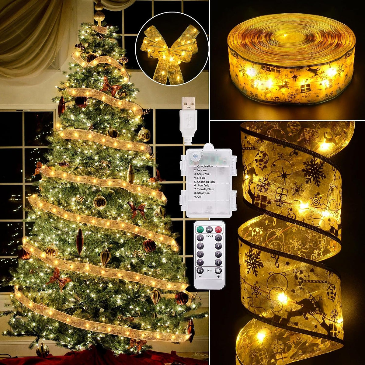 Vimorg Christmas Decorations, 2.5Inch x 33Ft 100 Led Christmas Tree Ribbon Lights with Remote Control, Battery Operated & USB Powered 8 Lighting Modes Fairy String Lights with Timer for Xmas Decor
