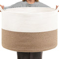Foldable Laundry Hamper Basket with Collapsible Handle Cotton Rope Soft Woven Fabric Storage Organizer Clothes Toys Nursery Bedroom Dorm Space Saving Bin (White & Brown, 80L(21.7"D x 13.8"H))