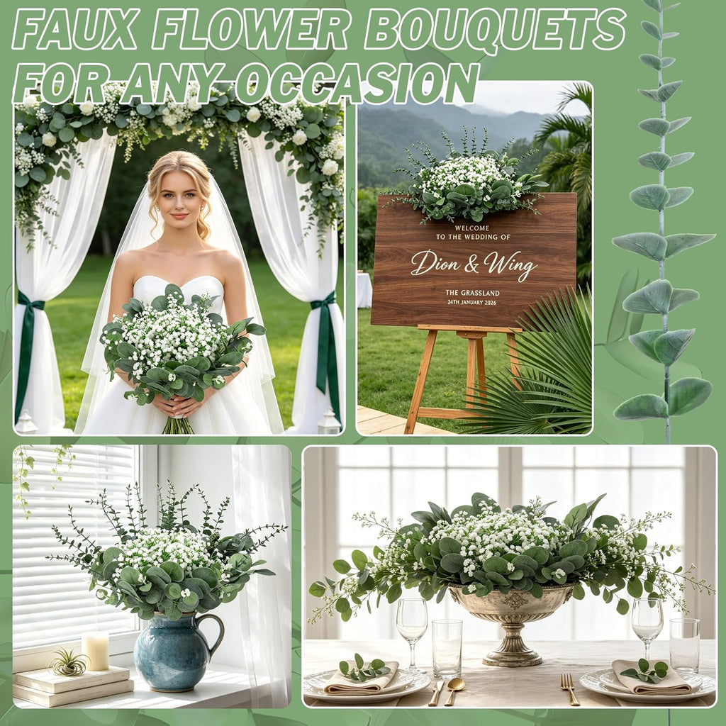 Palonu 200 Pcs 5 Kinds Mixed Artificial Eucalyptus Leaves Stems Bulk Babys Breath Eucalyptus Bundle Faux Plants Greenery for DIY Bouquets Floral Arrangement Wedding Engagement Party Decor