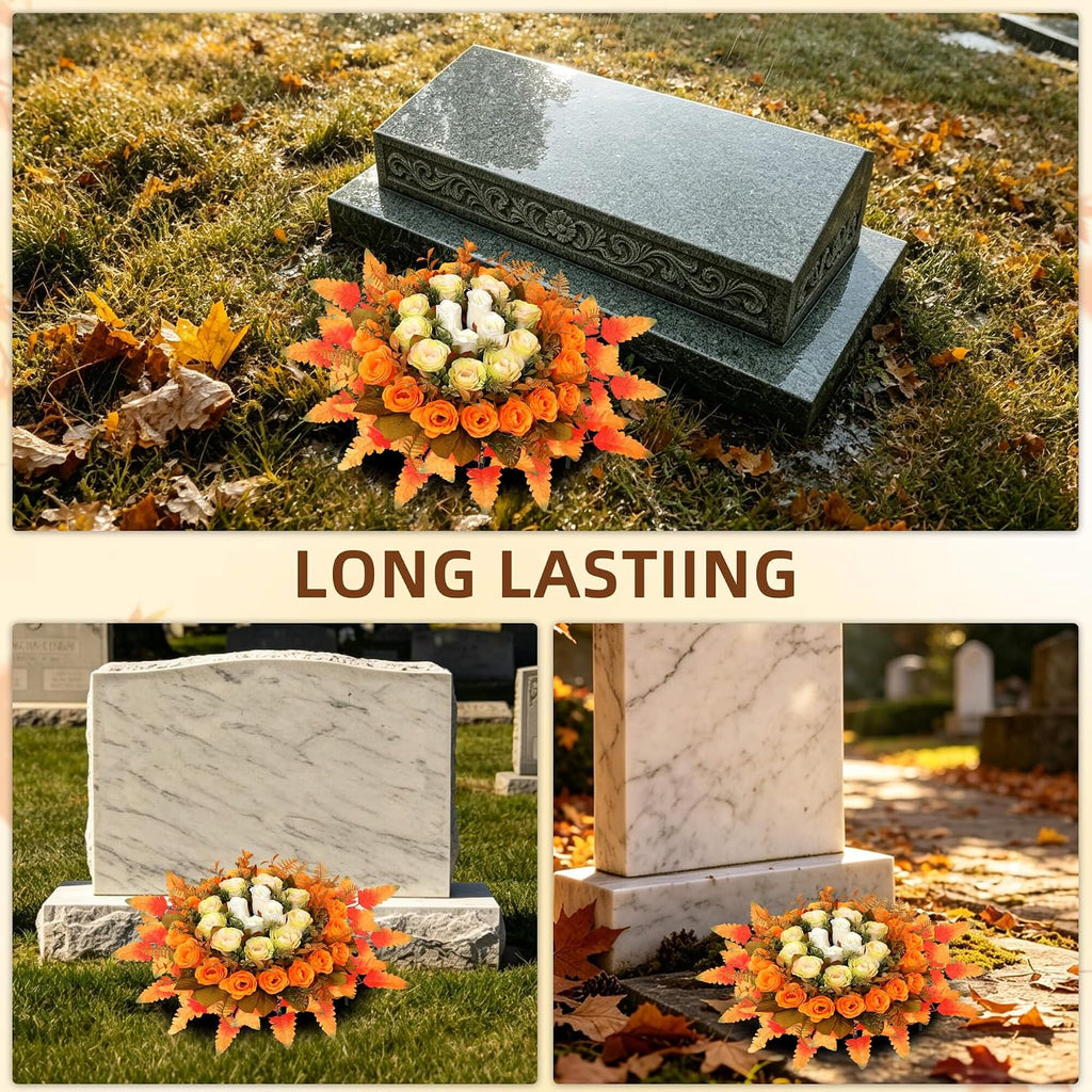Lodou Artificial Cemetery Flowers,Silk Memorial Cake for Cemetery,Artificial Flower Centrepieces for Tables,Artificial Rose Graveyard Memorial Flowers for Headstones Decoration (Autumn Yellow)