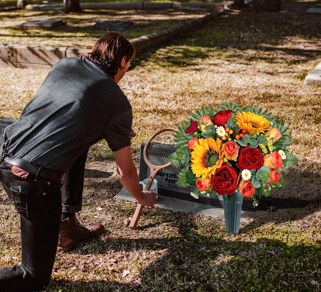 MUVIC Artificial Cemetery Flowers for Outdoor Grave Decorations，Memorial Flower- Realistic Sunflower Rose - Sympathy Bouquet