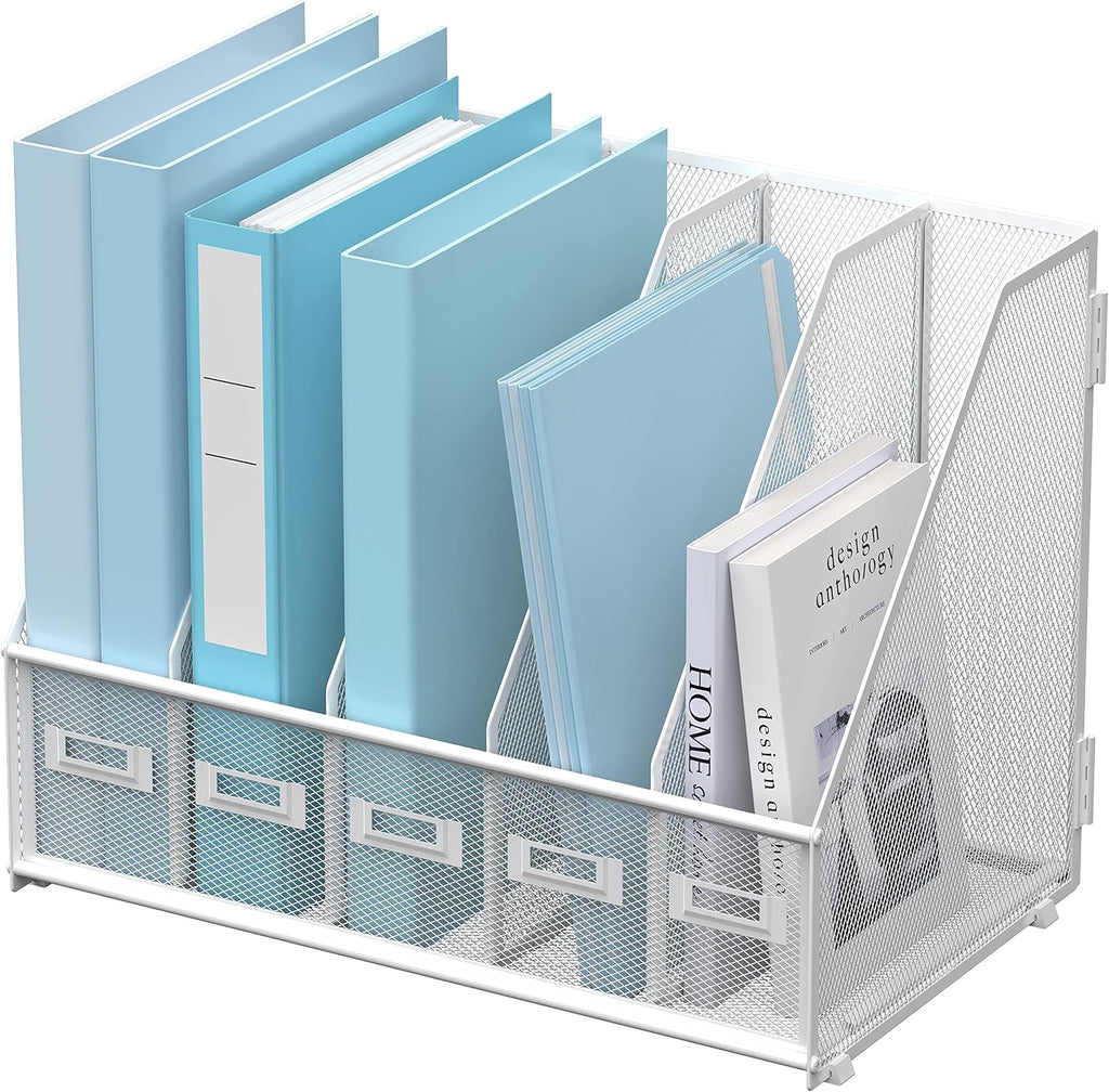 SUPEASY Desk Organizers Metal Desk Magazine File Holder with 5 Vertical Compartments Rack File Organizer for Office Desktop, Classroom, Home Workspace, White
