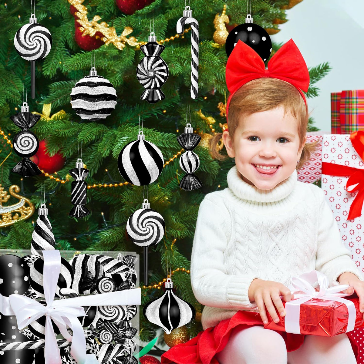 48pcs Candy Christmas Ornaments Set, Hanging Black Christmas Tree Decor
