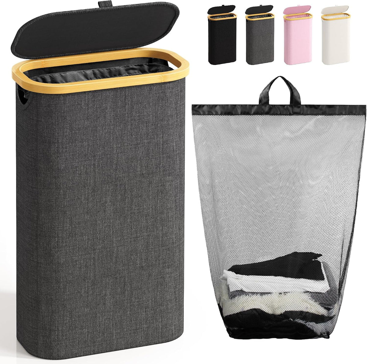 Bathola Slim Laundry Hamper with Lid, 75L Small Laundry Basket, Dark Grey