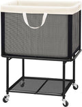 STO STO Rolling Laundry Hamper with Lockable Wheels, 29-Gallon (110L) Laundry Cart with Removable Canvas Bag, 2-Tier Clothes Basket Hamper with Shelf for Closet, Bedroom, Bathroom, Laundry Room, Beige