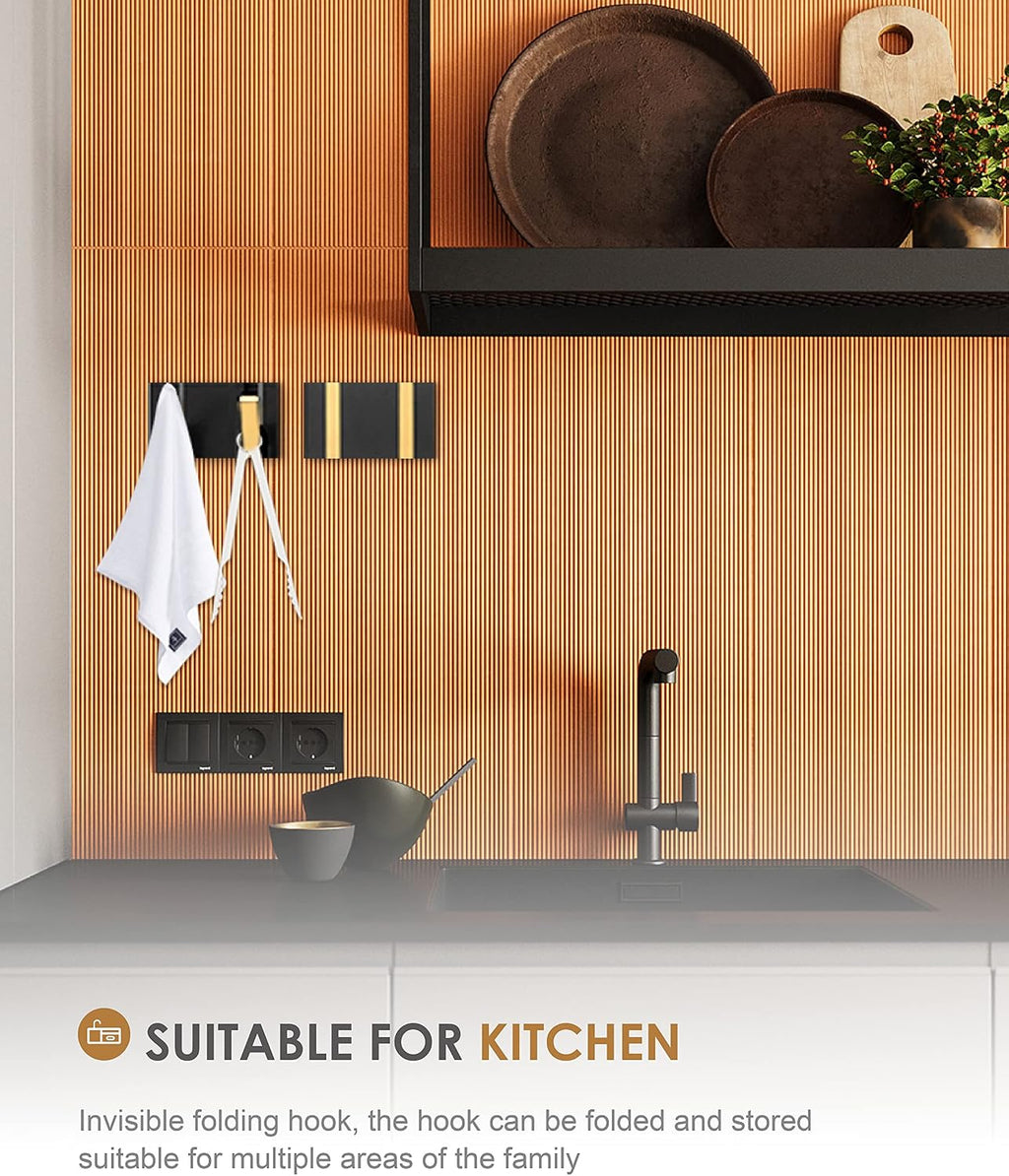 2 Pack，Waterproof Black Gold Wall Hooks，Foldable Towel Hooks for Bathrooms，Coat Hooks Wall Mounted，Free Perforated，Modern Coat Hooks，Bathroom Towel Hooks，Towel Door Hooks，Also for Balcony，Kitchen.