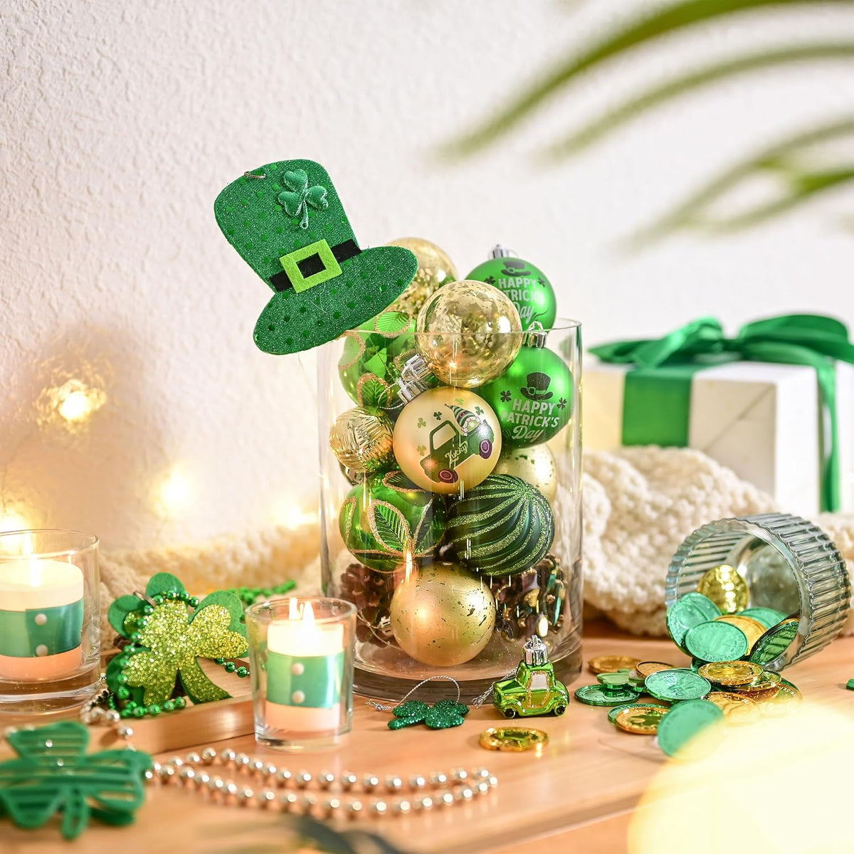 DecorbyHannah St Patricks Day Decorations Shamrock Irish Tree Ornaments Set, 21ct Large Green Gold St. Patrick's Day Shatterproof Good Luck Clover Hanging Ball Ornaments for Christmas Party Spring