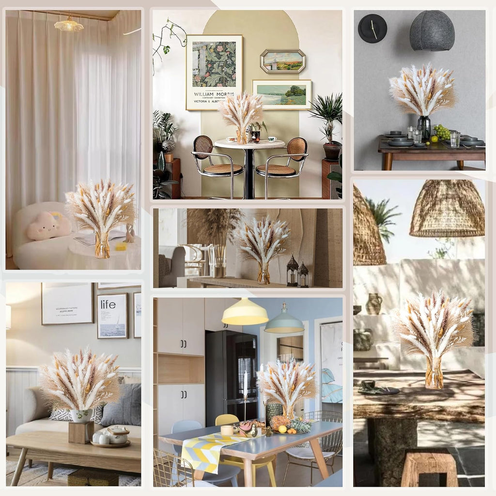 Natural Pampas Grass 8kind Grass Mix Bouquet | Dried Pampas Bouquet for Wedding Boho Flowers Home Table Desk Decor, Rustic Farmhouse Decor (93PCS) (Pack of 2)