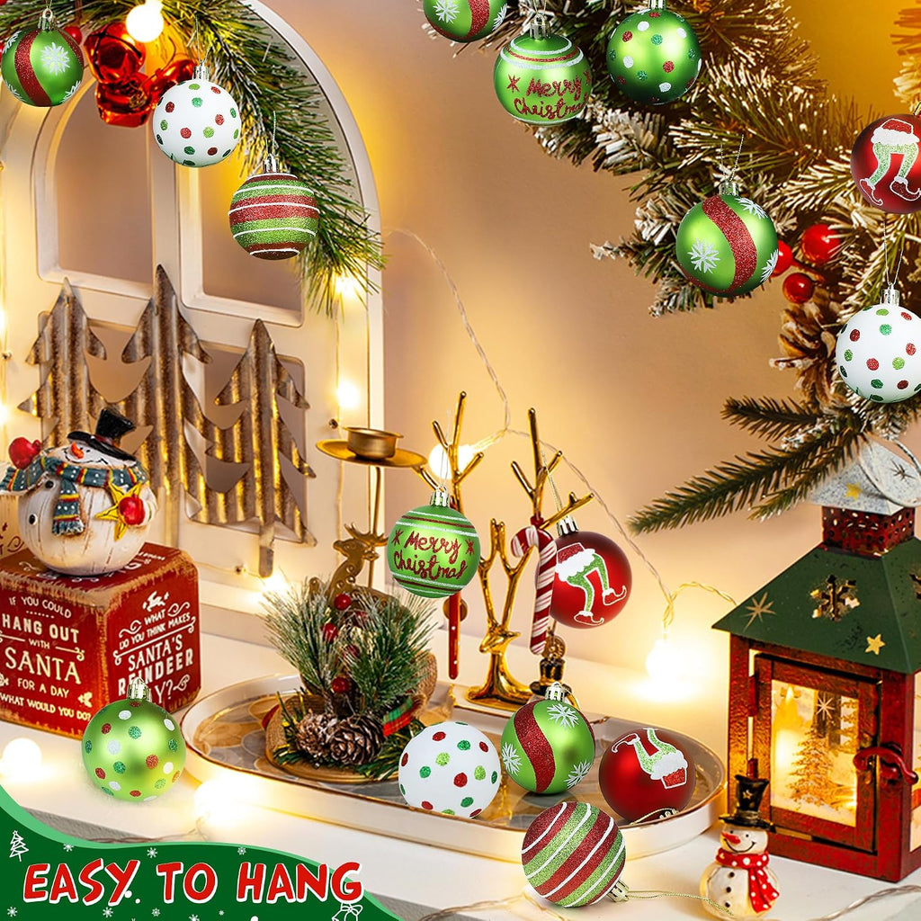 24Pcs 2.4 Inch Christmas Ball Ornaments for Tree, Glittering Red Green White Elf Bulbs Set for Christmas Tree Decorations, Plastic Shatterproof Hanging Ornament Xmas Baubles for Home Party Decor