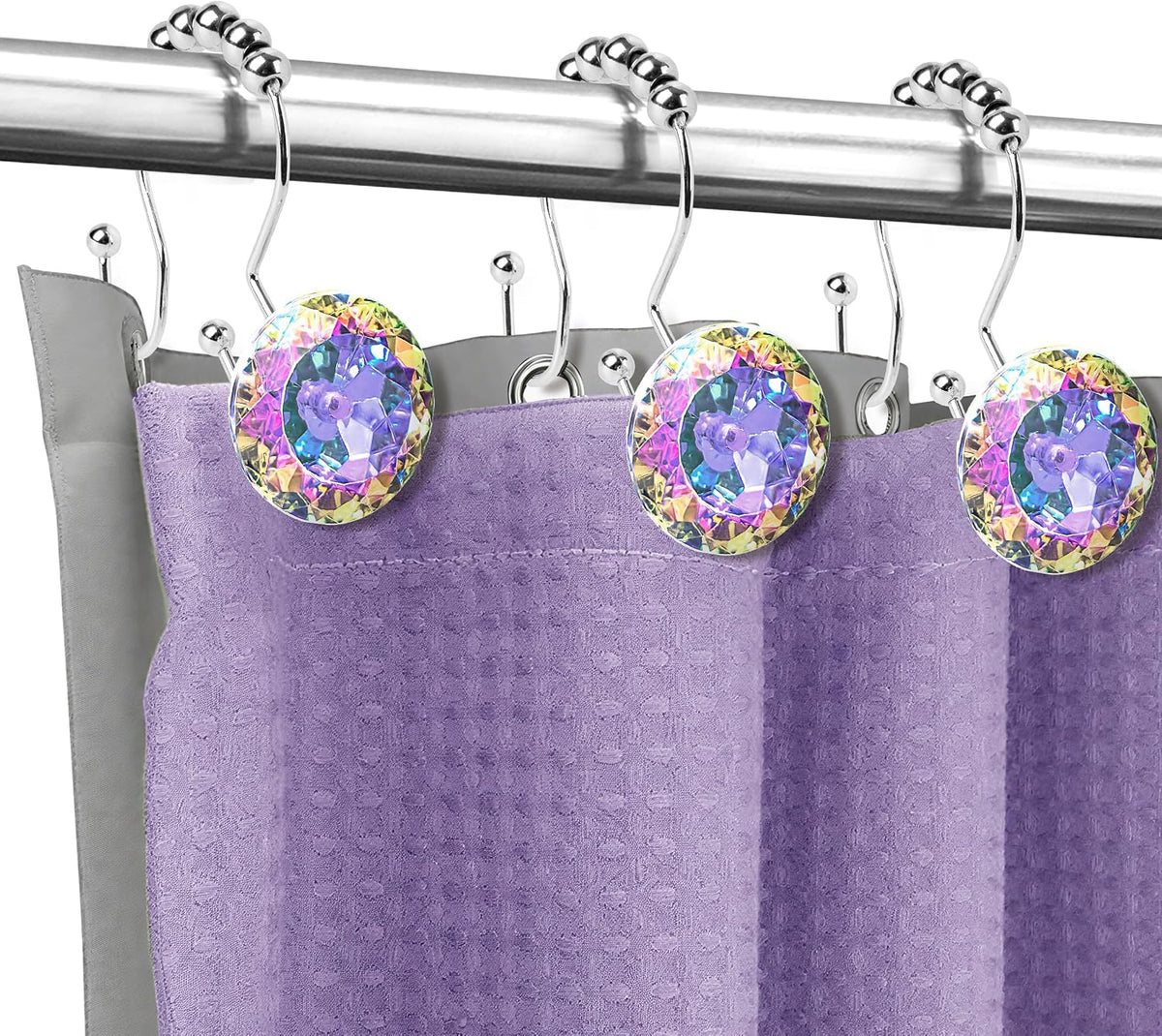 Sunlit Round Rhinestone Shower Curtain Hooks with Glide Balls, 12 Pack