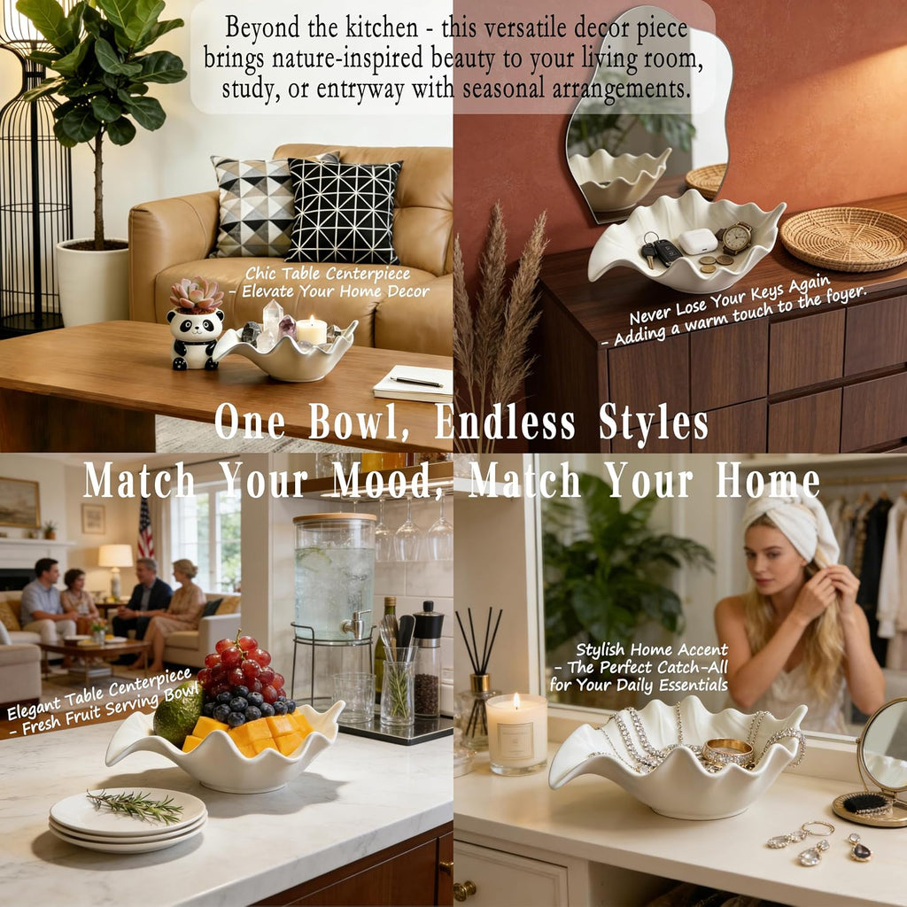 Premium 10.63'' Leaf Shaped Ceramic Bowl-Artisan Serving Decor Bowl,Fruit,Salad,Bread,Snack,key Bowl, Modern Farmhouse Dining Table Centerpiece, Kitchen Counter, Home Livingroom Decor-Birthday Gift